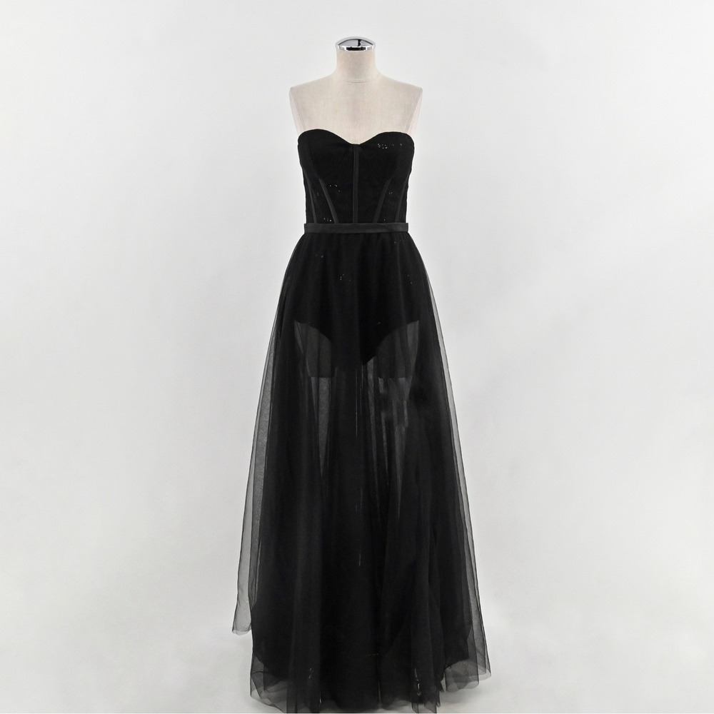 Black Strapless Tulle Corset‎ Dress Size S Fairy Grunge Whimsigoth Sequin Gown